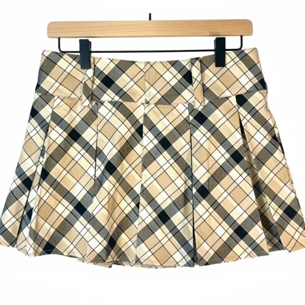 Forever 21 Y2K Plaid Mini Skirt Pleated High Waisted, Tan Black Cream, size M